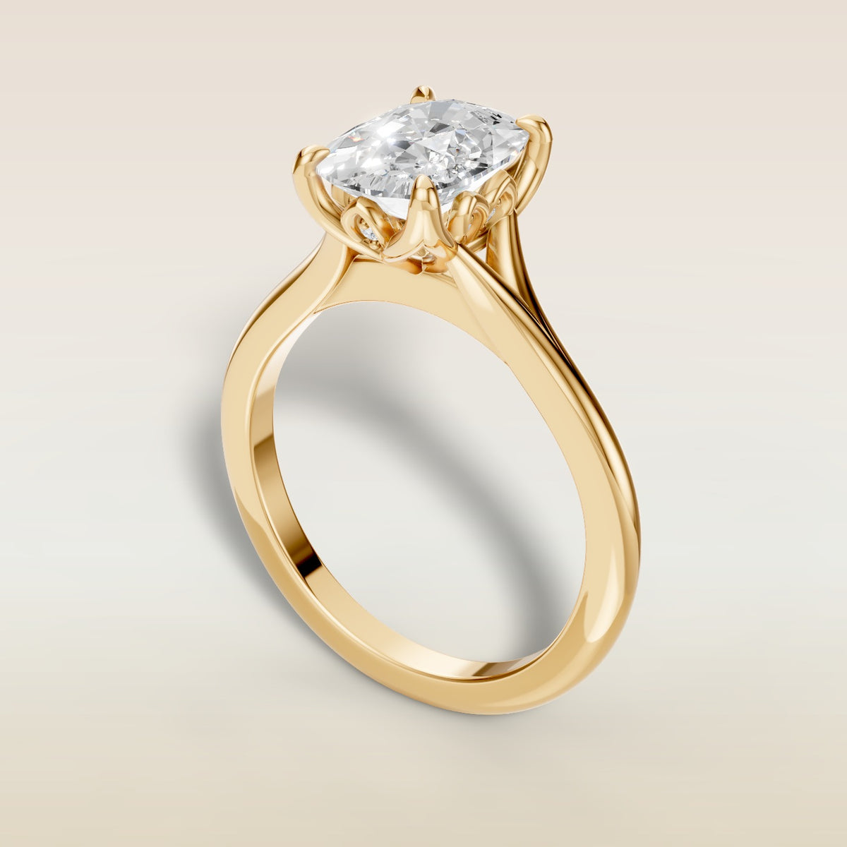 Cushion Diamond Petal Tulip Split Shank engagement ring in yellow gold, back angle