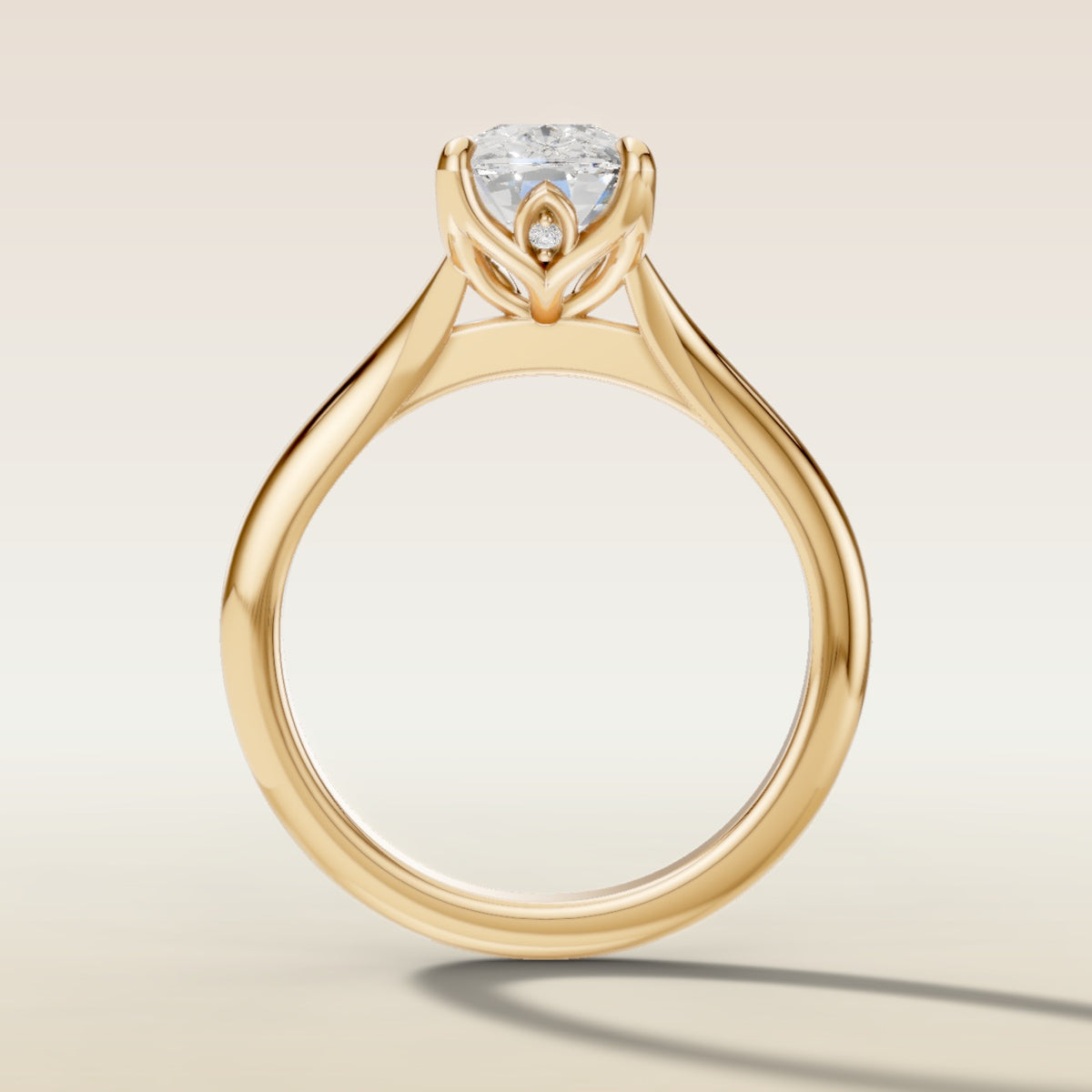 Cushion Diamond Petal Tulip Split Shank engagement ring in yellow gold, front view
