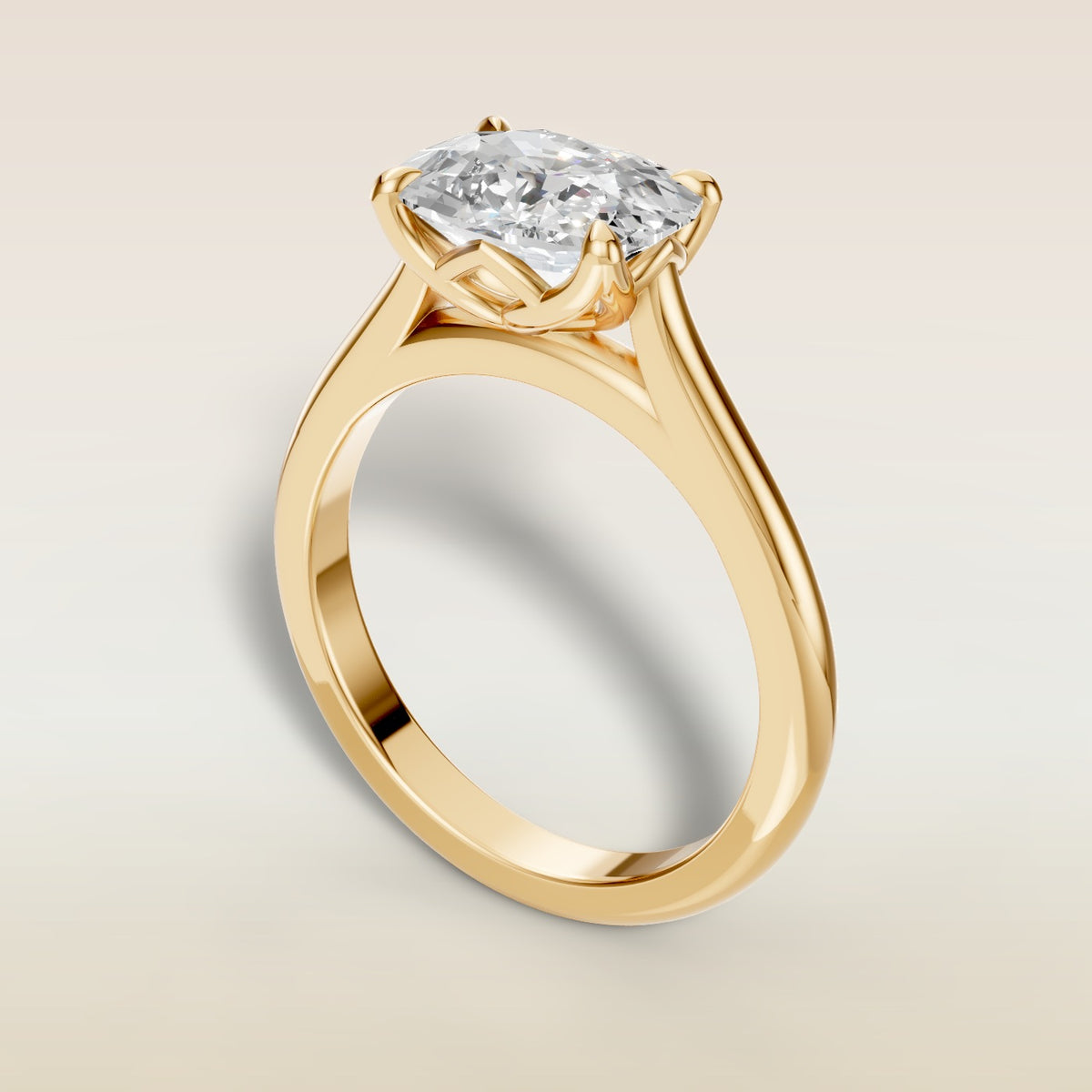 Cushion East West Half Petal Tulip engagement ring in yellow gold, back angle