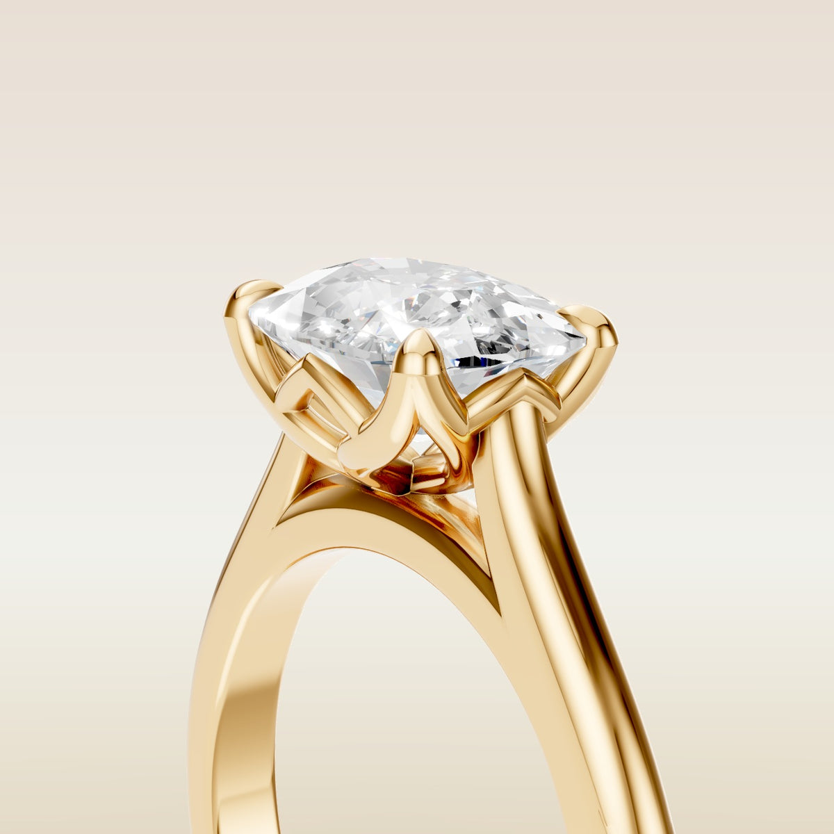 Cushion East West Half Petal Tulip engagement ring in yellow gold, basket close up