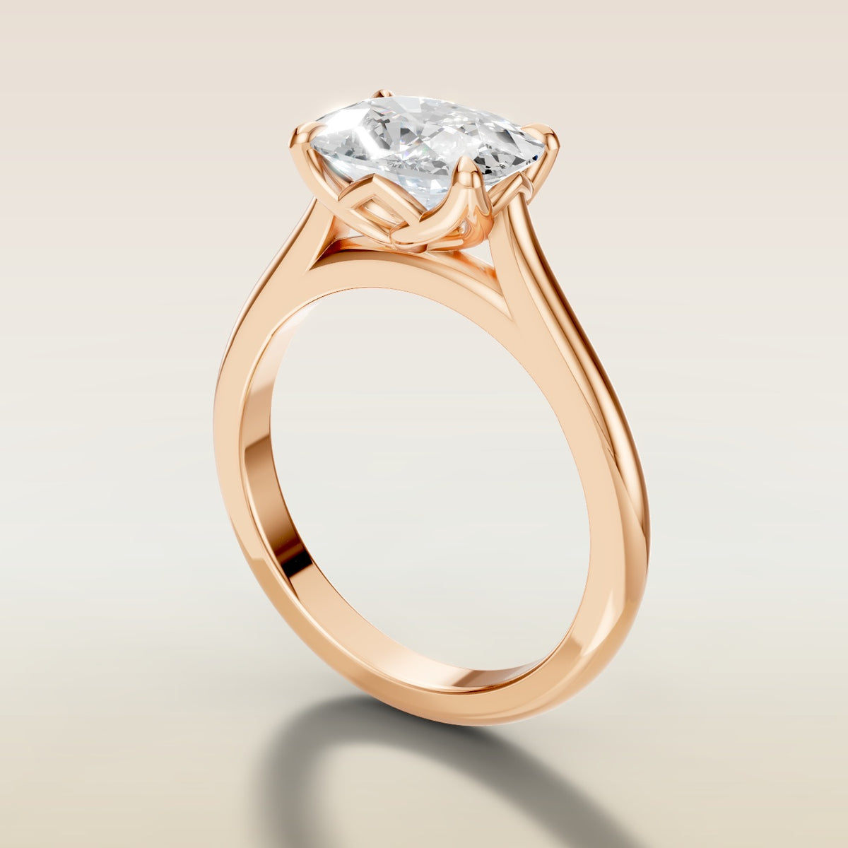 Cushion East West Half Petal Tulip engagement ring in rose gold, angled side view