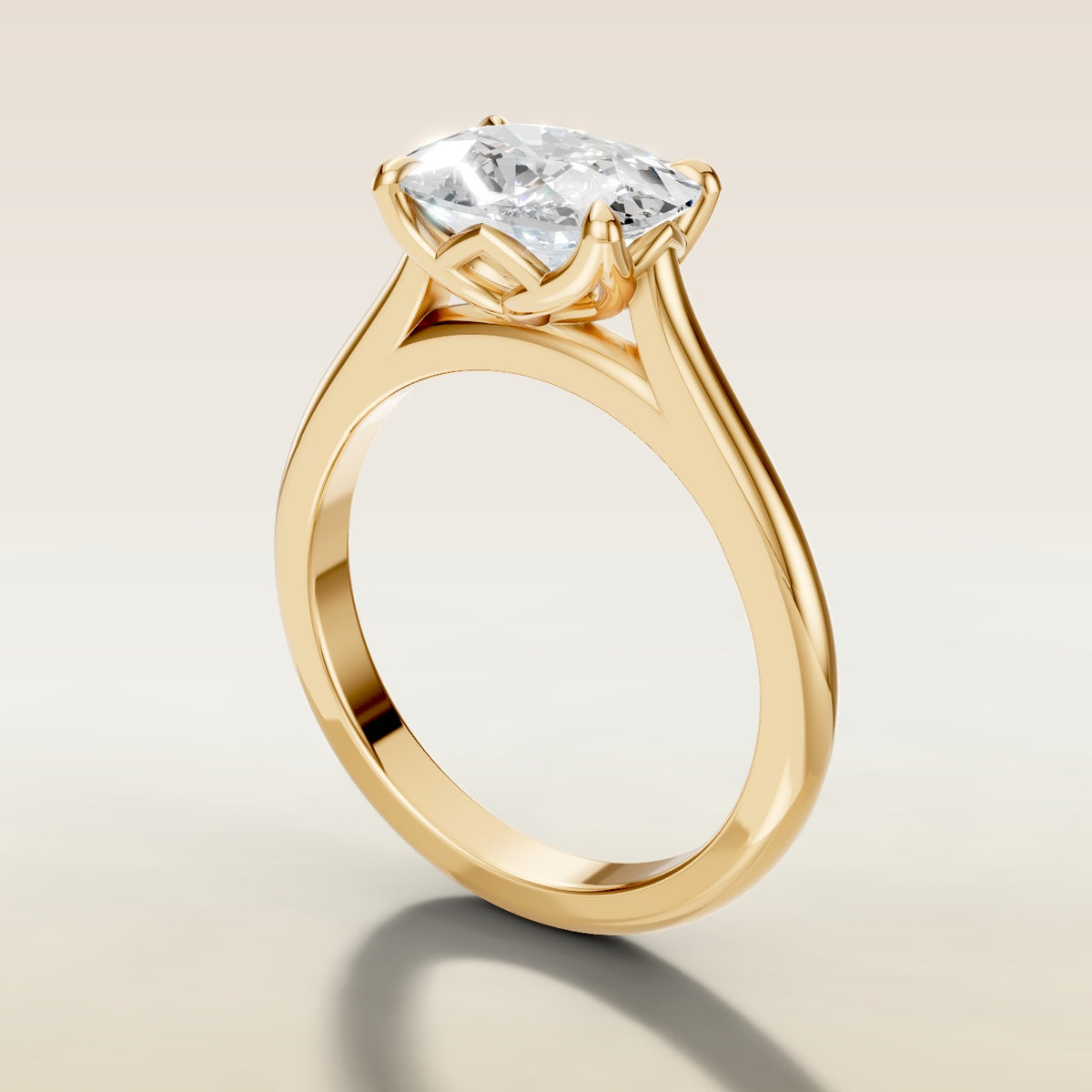Cushion East West Half Petal Tulip engagement ring in yellow gold, angled side view