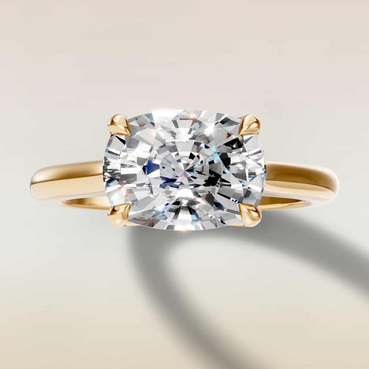 Cushion East West Half Petal Tulip engagement ring in yellow gold, top view