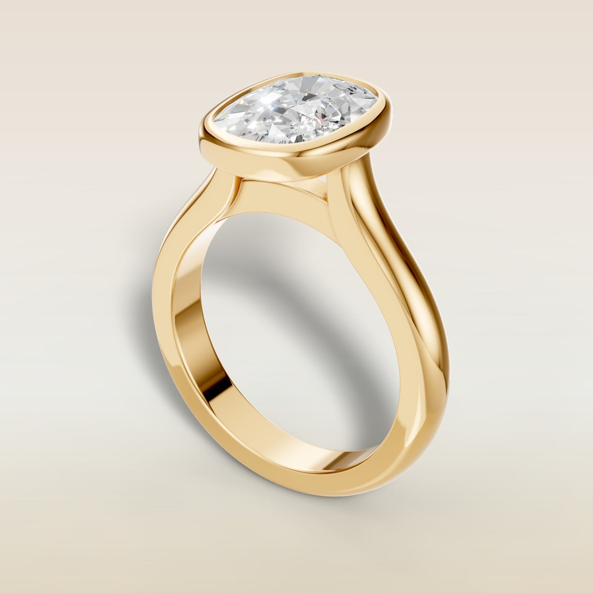 Cushion Full Bezel Cathedral engagement ring in gold, back angle