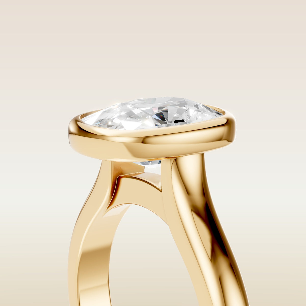 Cushion Full Bezel Cathedral engagement ring in gold, basket close up