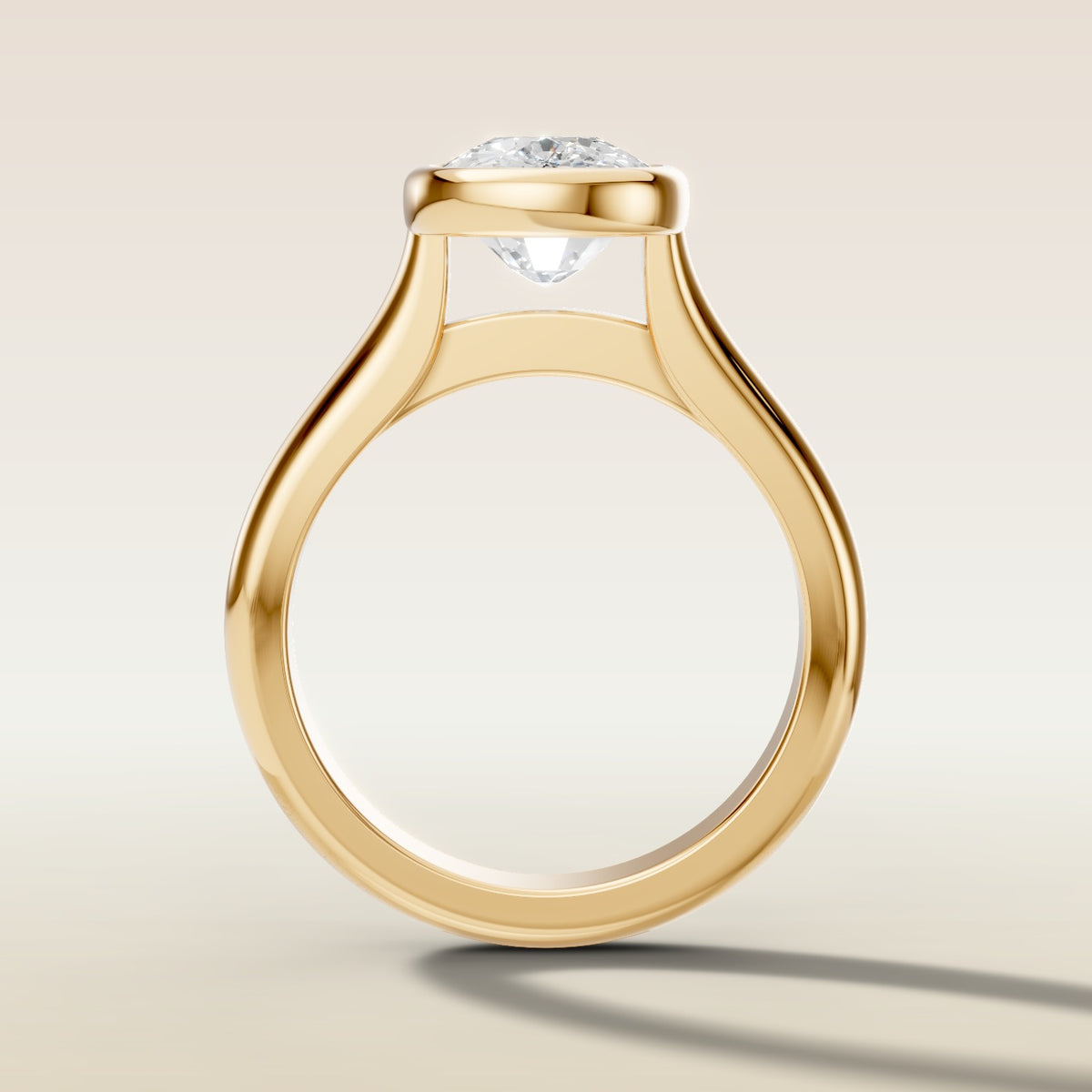 Cushion Full Bezel Cathedral engagement ring in gold, front view