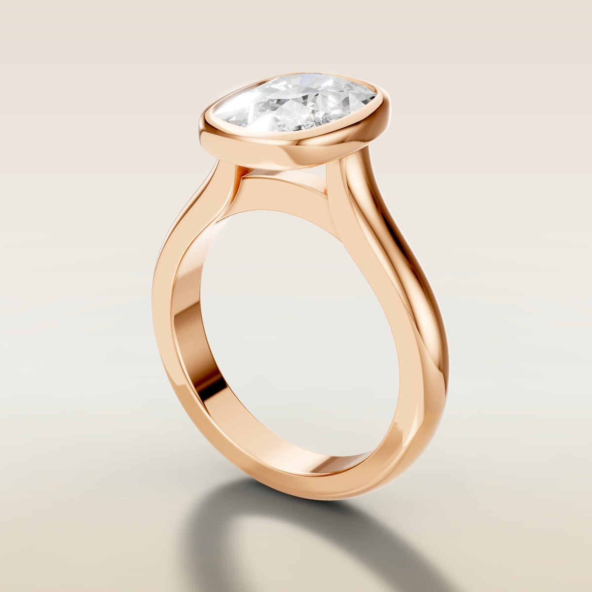 Cushion Full Bezel Cathedral engagement ring in rose gold, angled side view