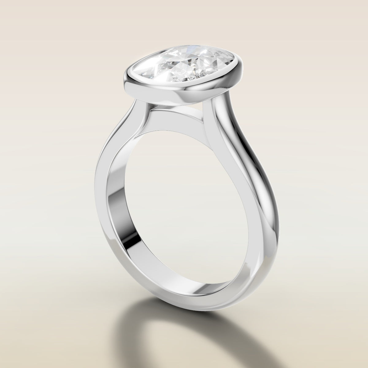 Cushion Full Bezel Cathedral engagement ring in white gold, angled side view