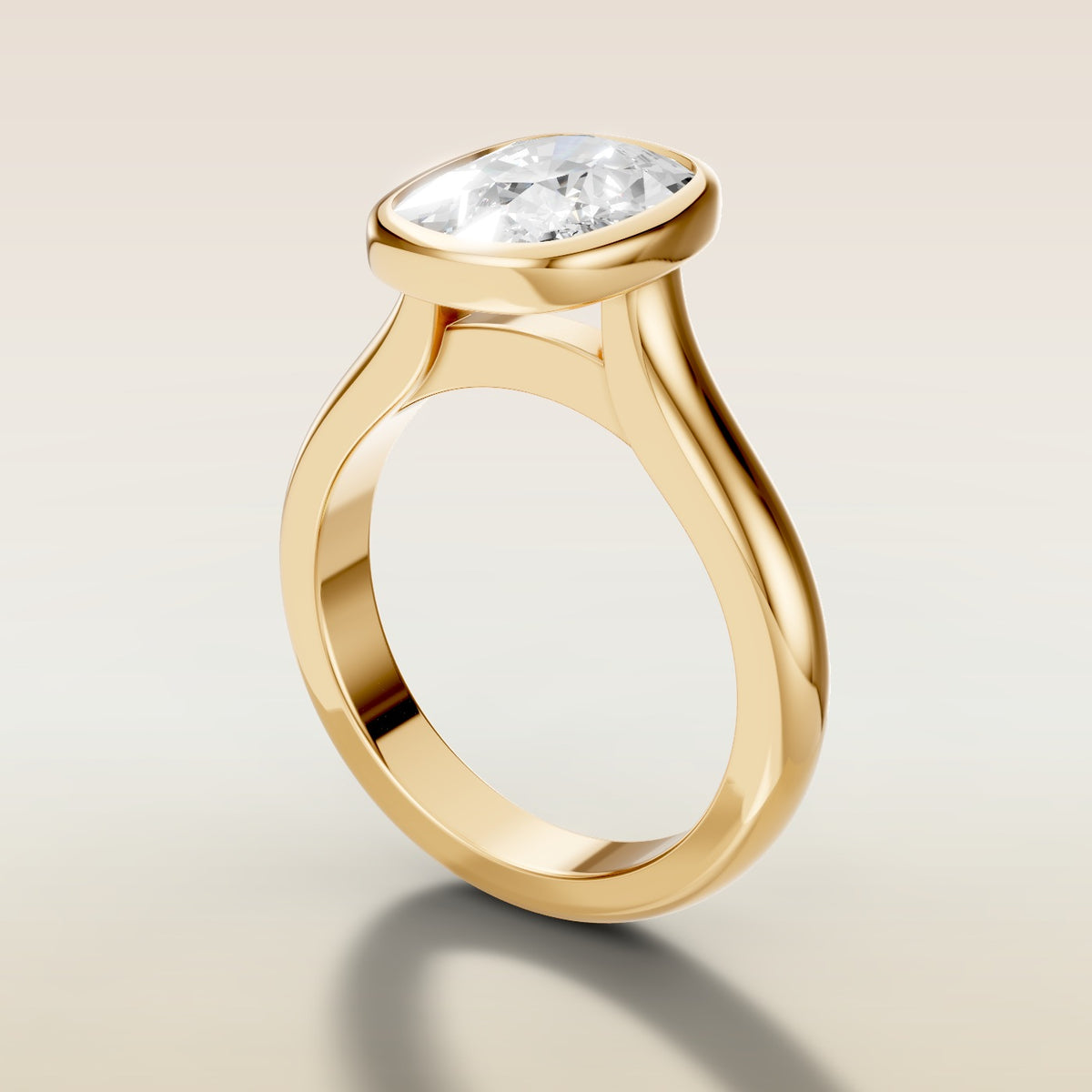 Cushion Full Bezel Cathedral engagement ring in gold, angled side view