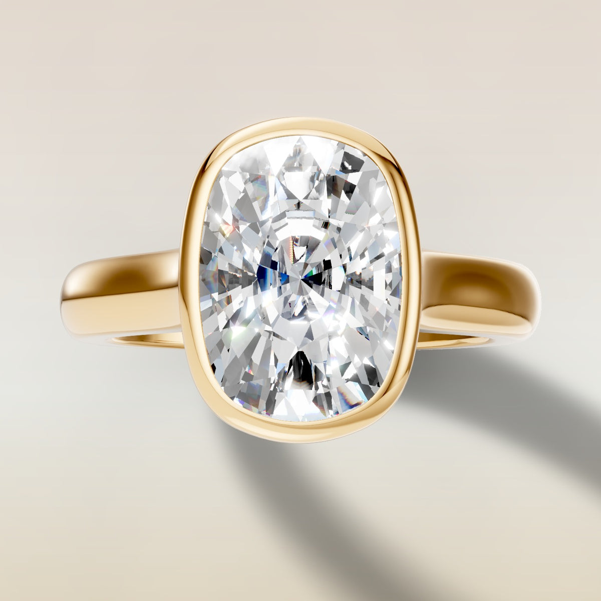 Cushion Full Bezel Cathedral engagement ring in gold, top view