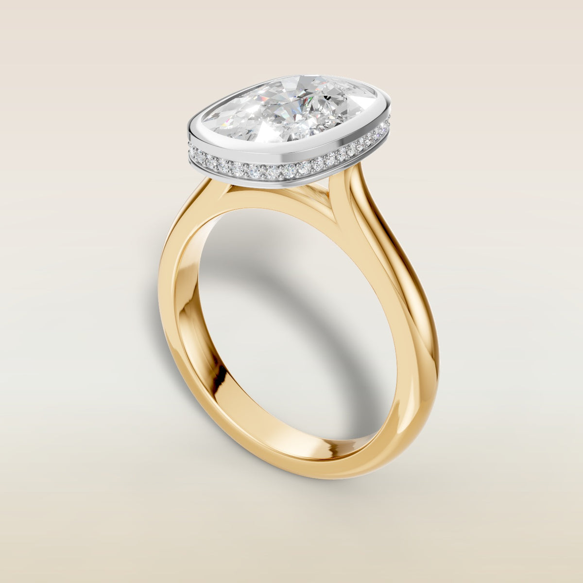 Cushion Full Bezel Hidden Halo engagement ring in gold, back angle