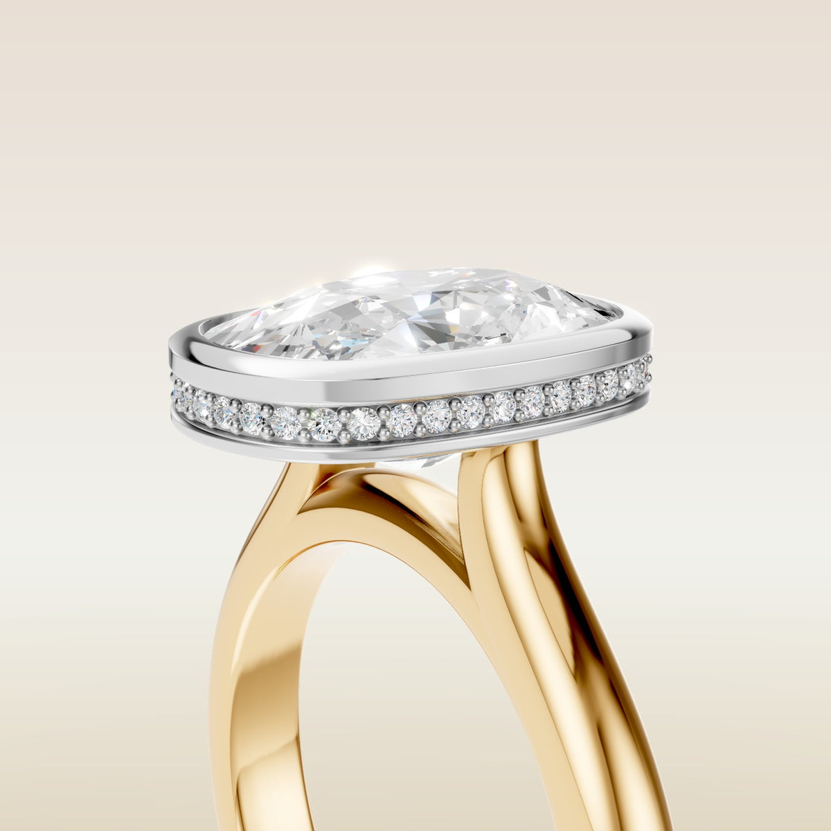 Cushion Full Bezel Hidden Halo engagement ring in gold, basket close up