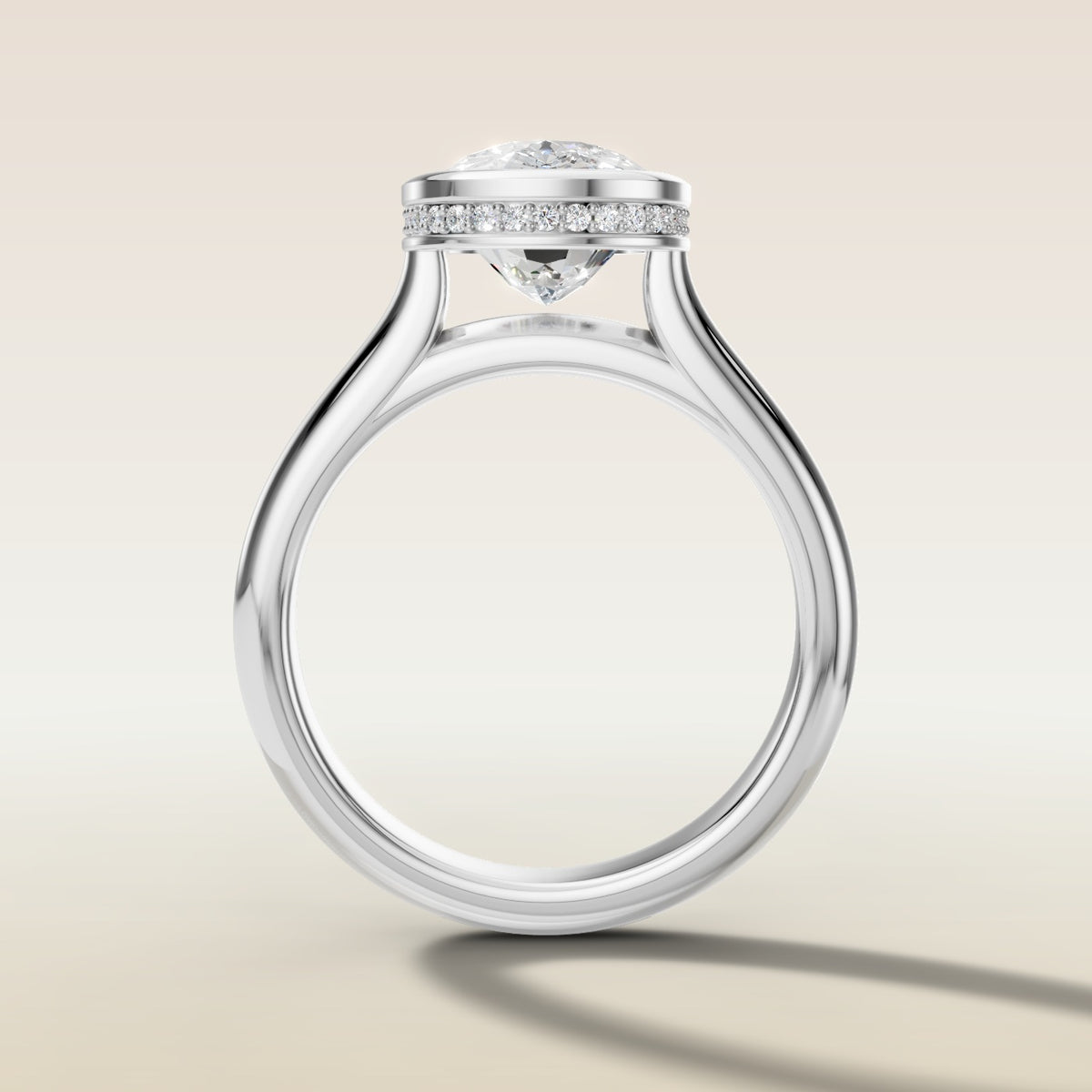 Cushion Full Bezel Hidden Halo engagement ring in white gold, front view