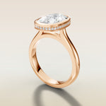 Cushion Full Bezel Hidden Halo engagement ring in rose gold, angled side view