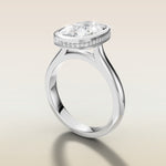 Cushion Full Bezel Hidden Halo engagement ring in white gold, angled side view