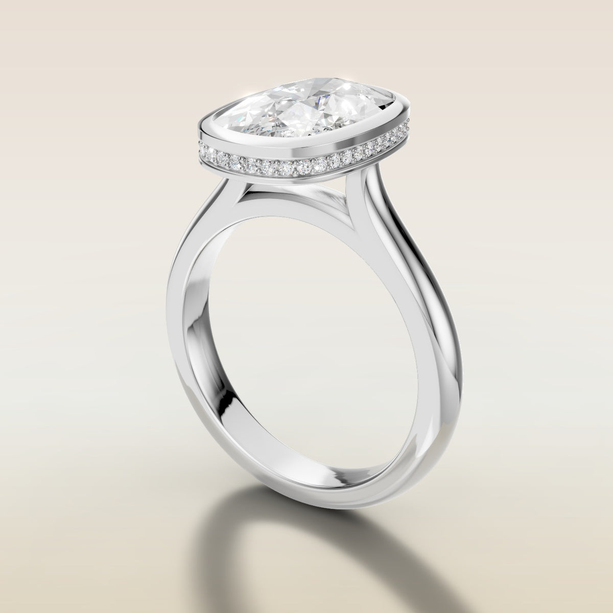 Cushion Full Bezel Hidden Halo engagement ring in white gold, angled side view