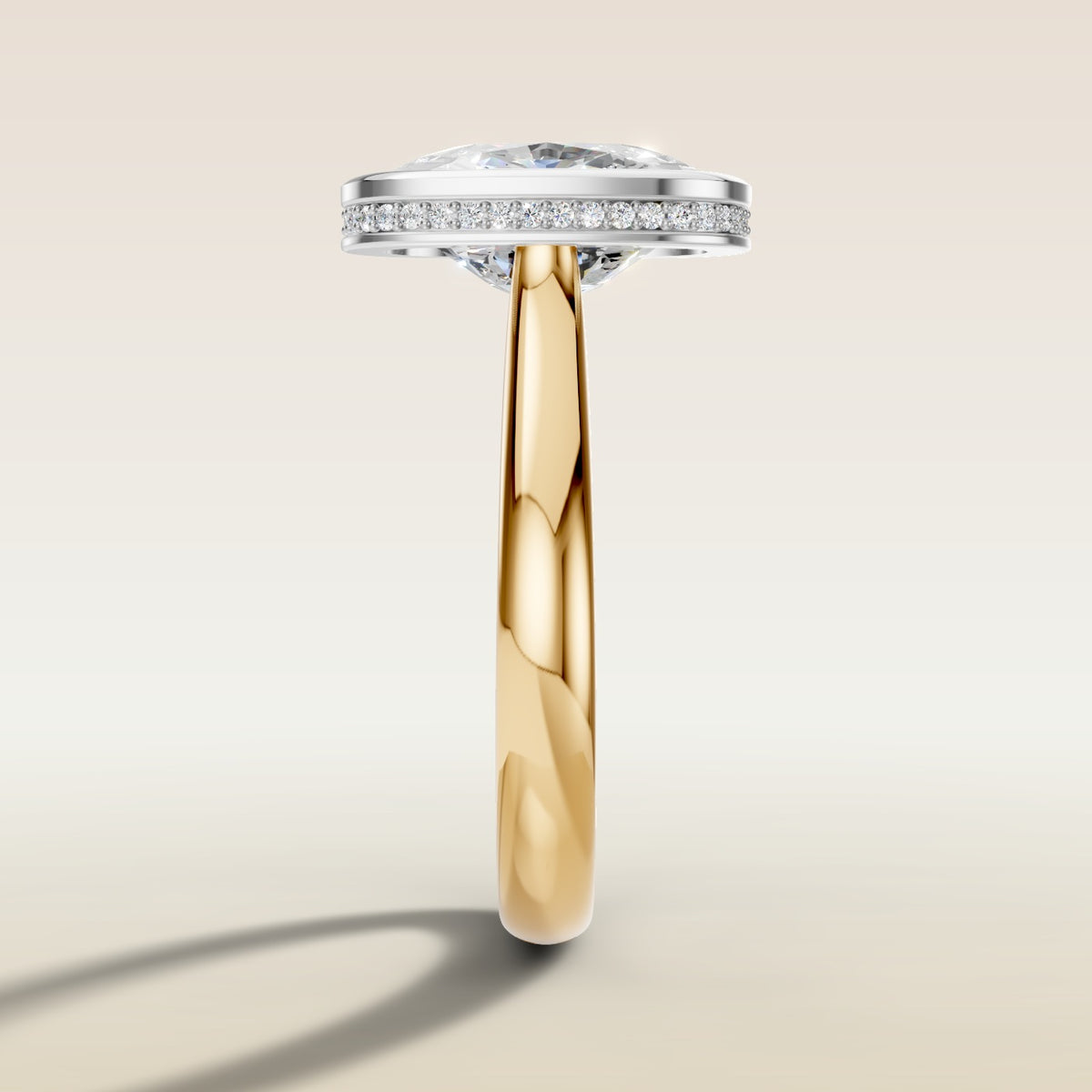 Cushion Full Bezel Hidden Halo engagement ring in gold, side profile