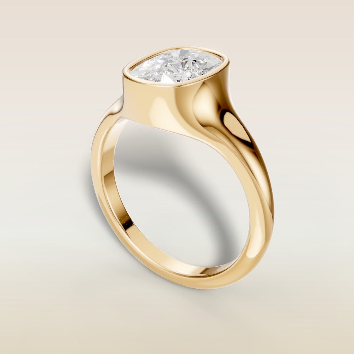 Cushion Full Bezel Low Profile engagement ring in yellow gold, back angle