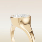 Cushion Full Bezel Low Profile engagement ring in yellow gold, basket close up