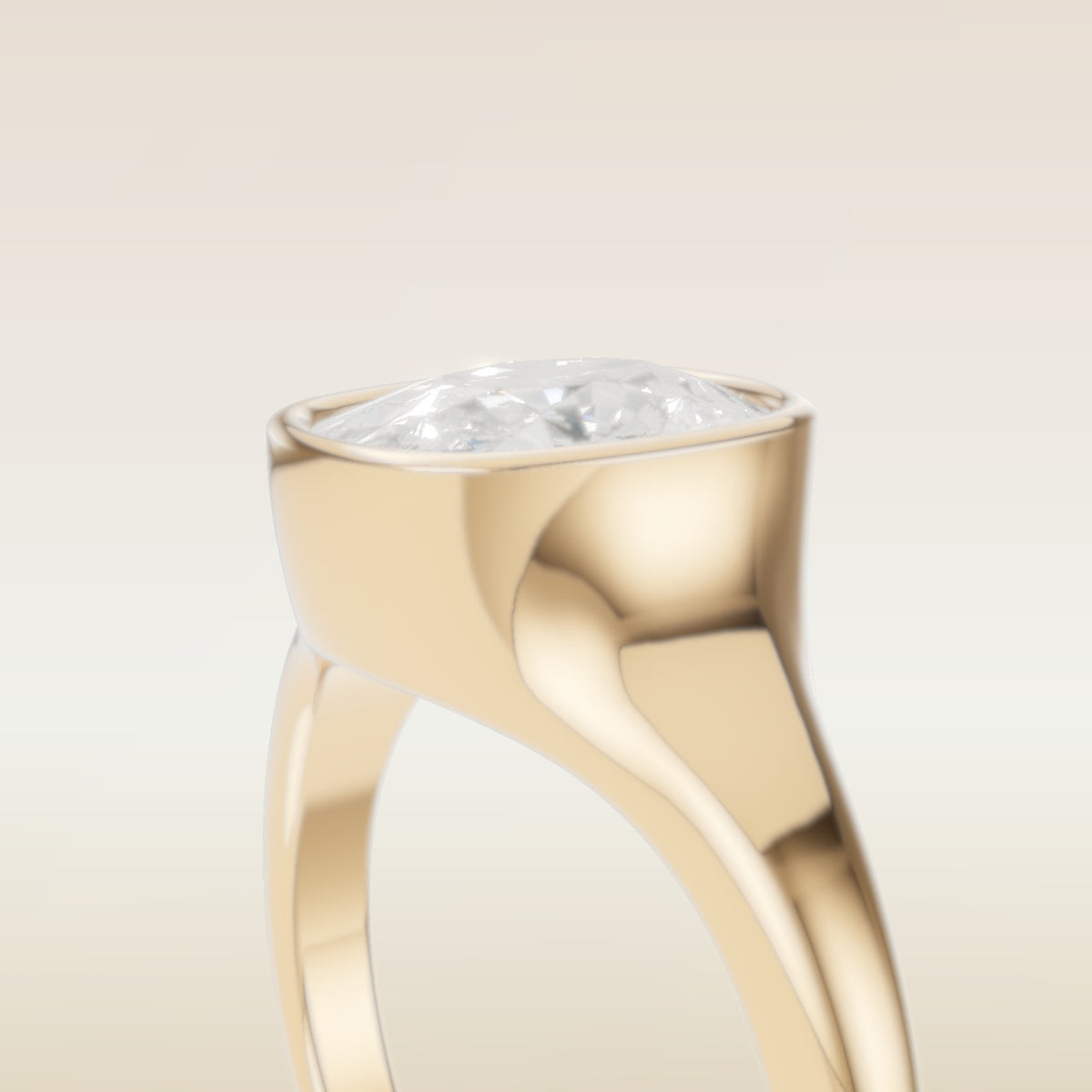 Cushion Full Bezel Low Profile engagement ring in yellow gold, basket close up