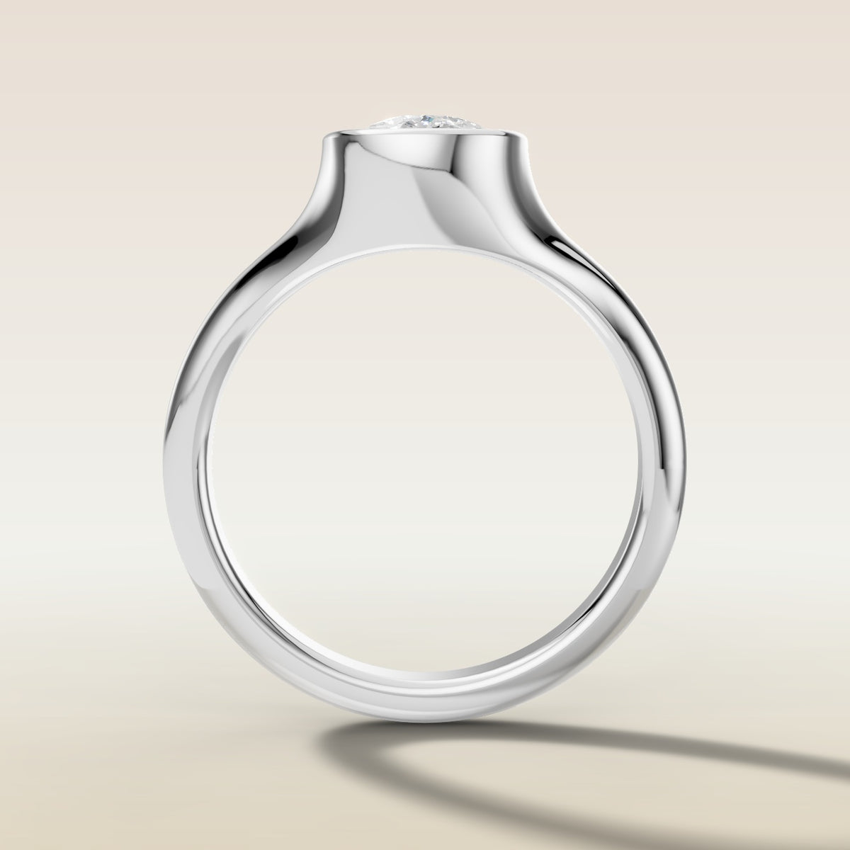 Cushion Full Bezel Low Profile engagement ring in white gold, front view