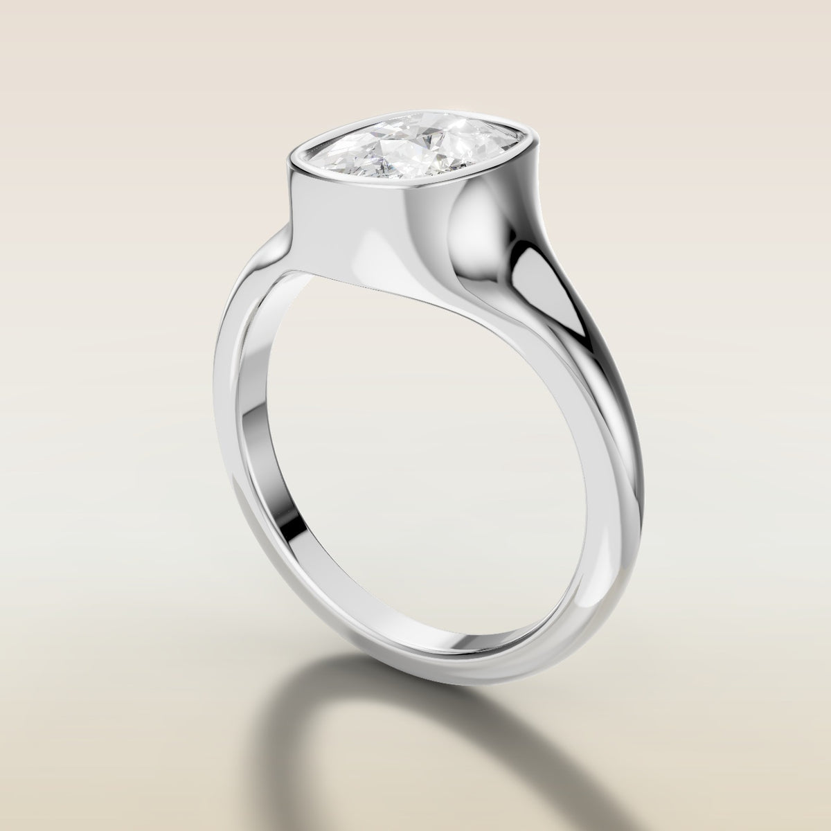 Cushion Full Bezel Low Profile engagement ring in white gold, angled side view