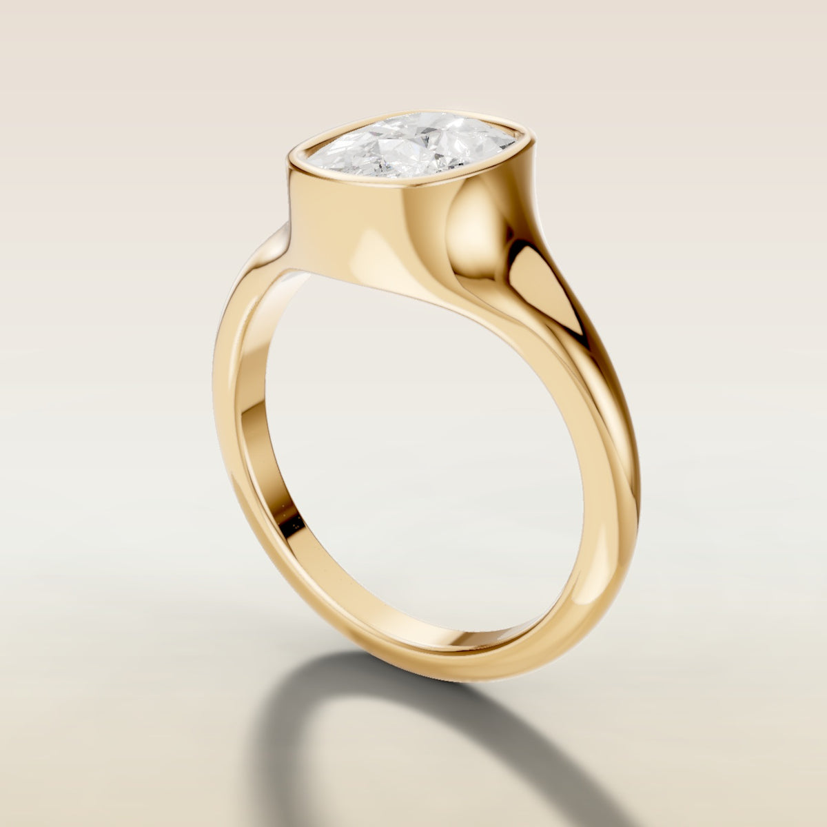 Cushion Full Bezel Low Profile engagement ring in yellow gold, angled side view
