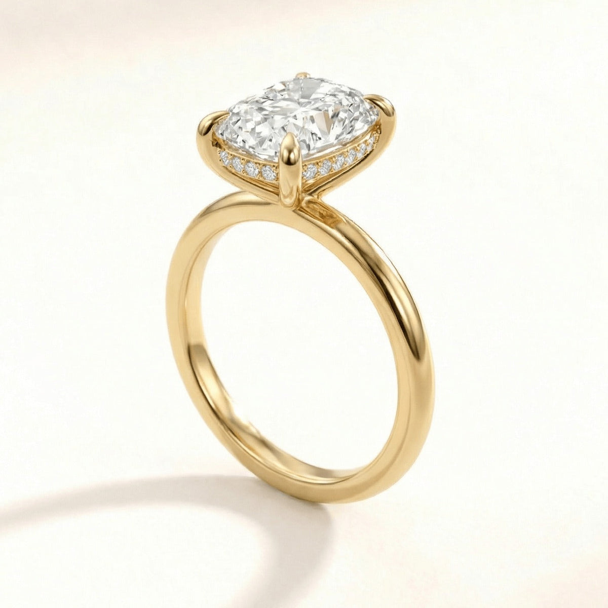 Hidden Halo Solitaire cushion cut lab grown diamond yellow gold ring detail view