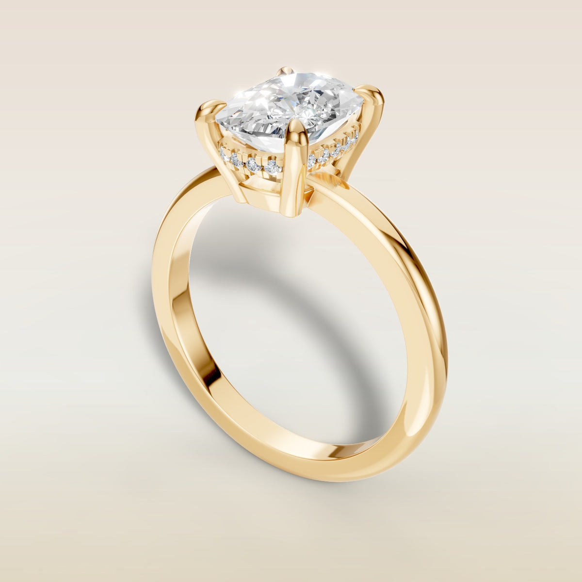 Cushion Low Profile Hidden Halo engagement ring in yellow gold, back angle