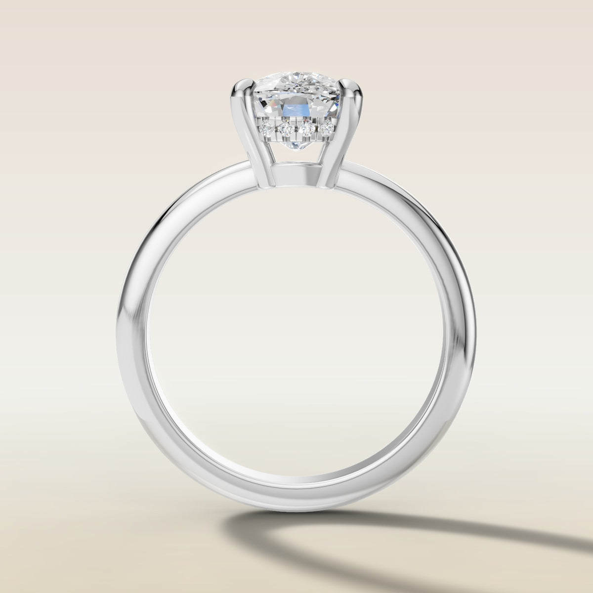 Cushion Low Profile Hidden Halo engagement ring in white gold, front view