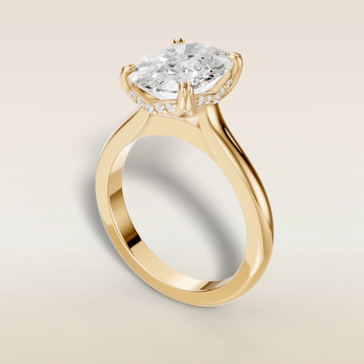 Cushion Tulip Curved Hidden Halo Double Prong engagement ring in yellow gold, back angle