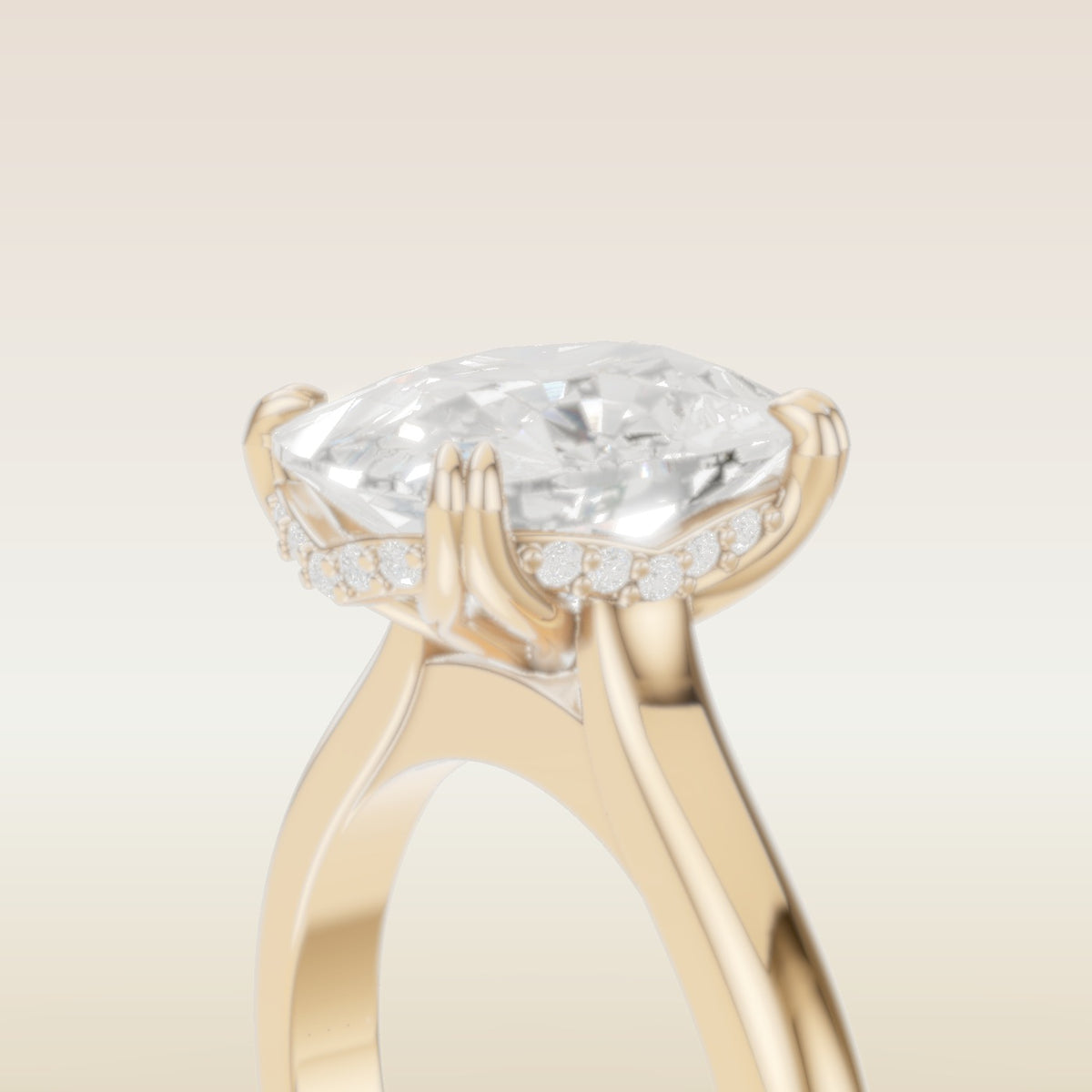Cushion Tulip Curved Hidden Halo Double Prong engagement ring in yellow gold, basket close up