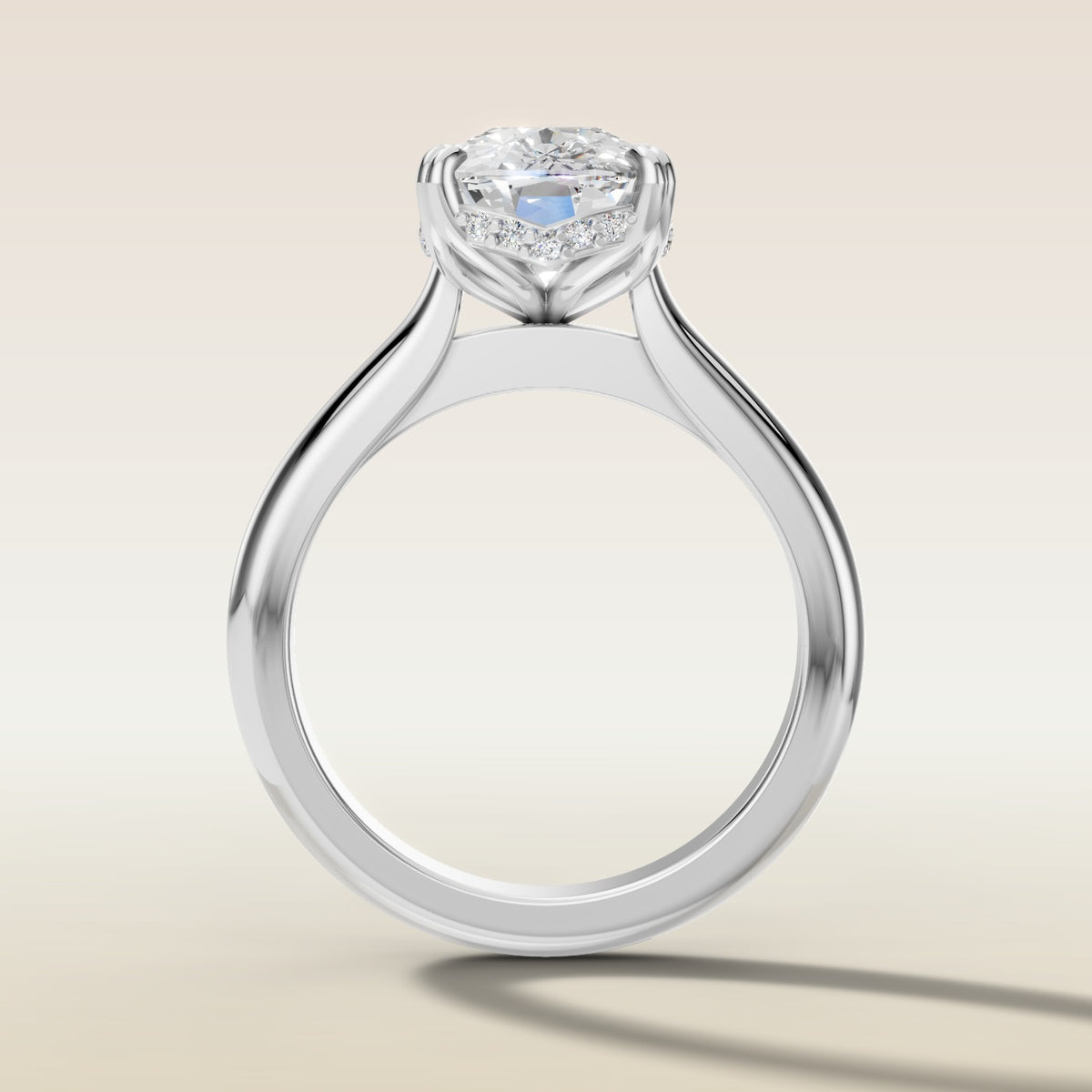 Cushion Tulip Curved Hidden Halo Double Prong engagement ring in white gold, front view