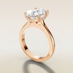 Cushion Tulip Curved Hidden Halo Double Prong engagement ring in rose gold, angled side view
