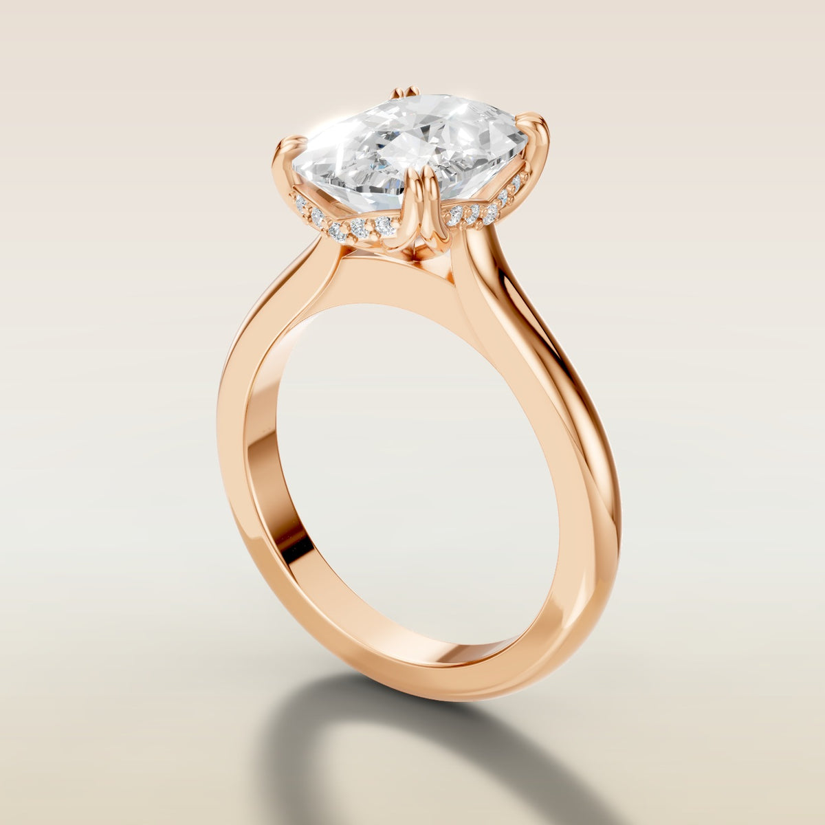 Cushion Tulip Curved Hidden Halo Double Prong engagement ring in rose gold, angled side view