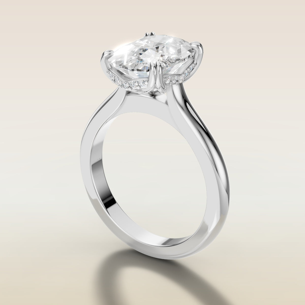 Cushion Tulip Curved Hidden Halo Double Prong engagement ring in white gold, angled side view