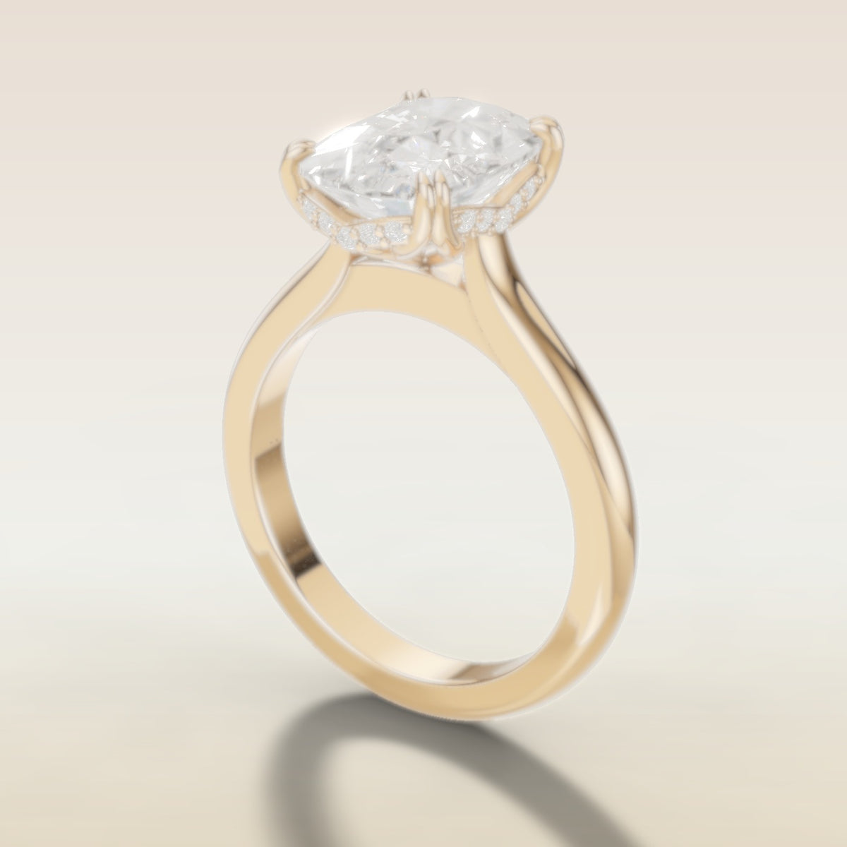 Cushion Tulip Curved Hidden Halo Double Prong engagement ring in yellow gold, angled side view