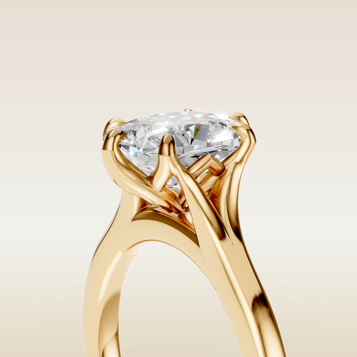 Cushion Tulip Six Petal Split Shank engagement ring in yellow gold, basket close up