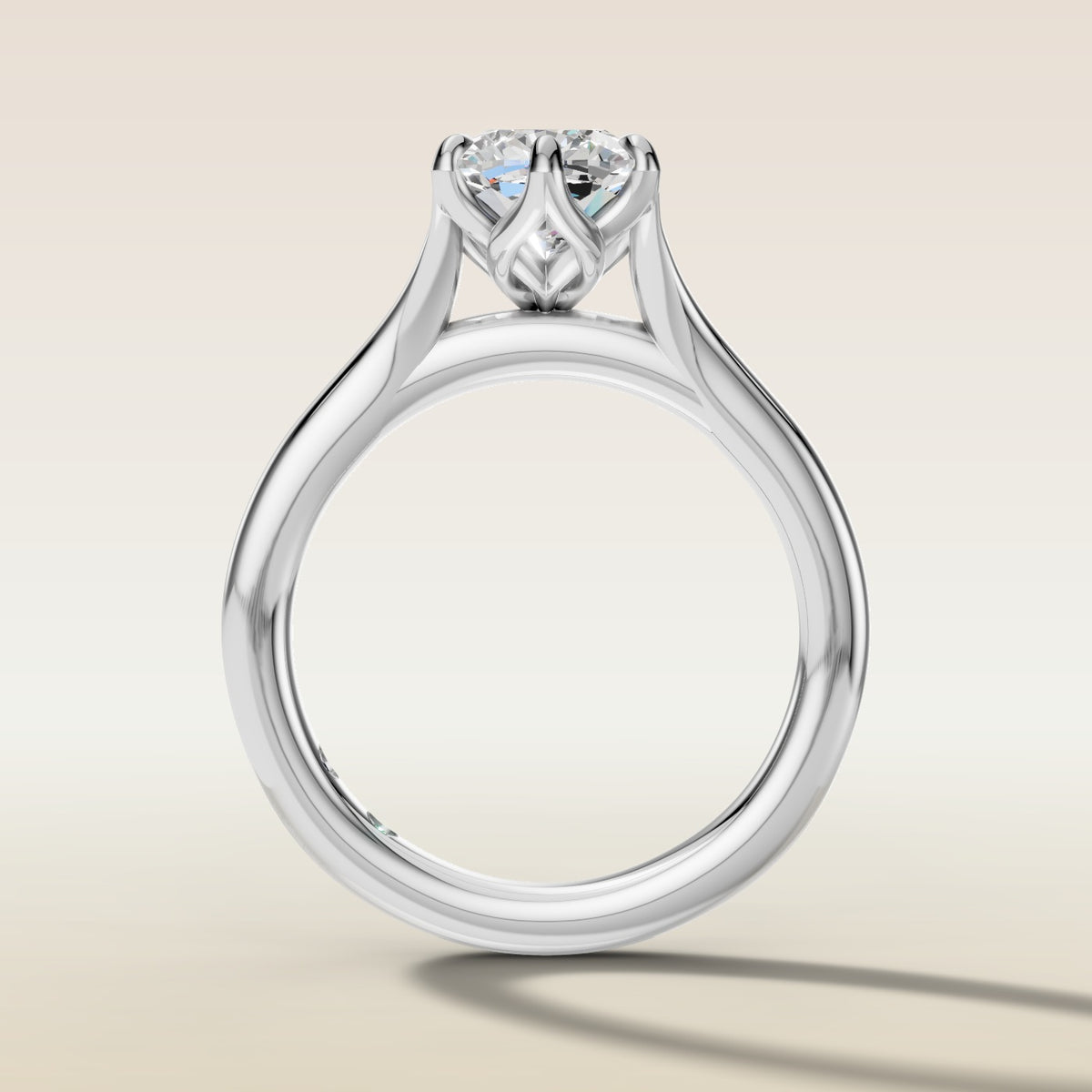 Cushion Tulip Six Petal Split Shank engagement ring in white gold, front view