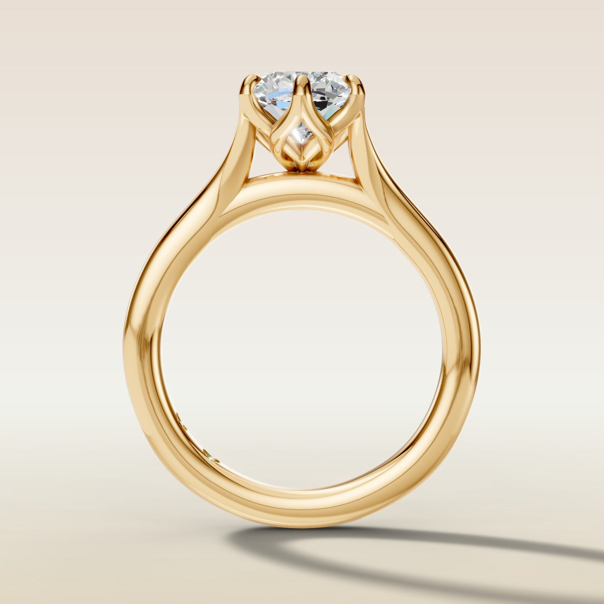 Cushion Tulip Six Petal Split Shank engagement ring in yellow gold, front view