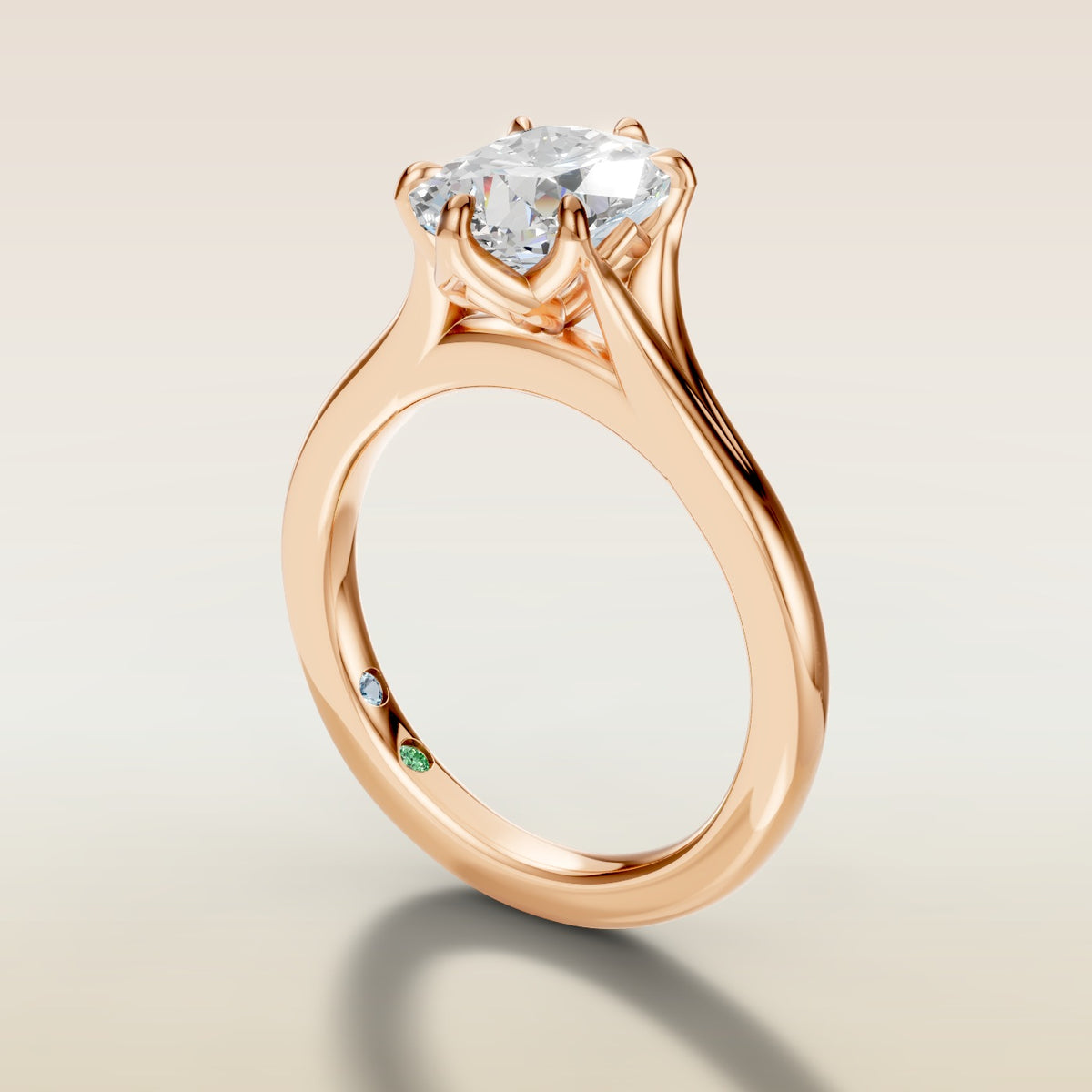 Cushion Tulip Six Petal Split Shank engagement ring in rose gold, angled side view