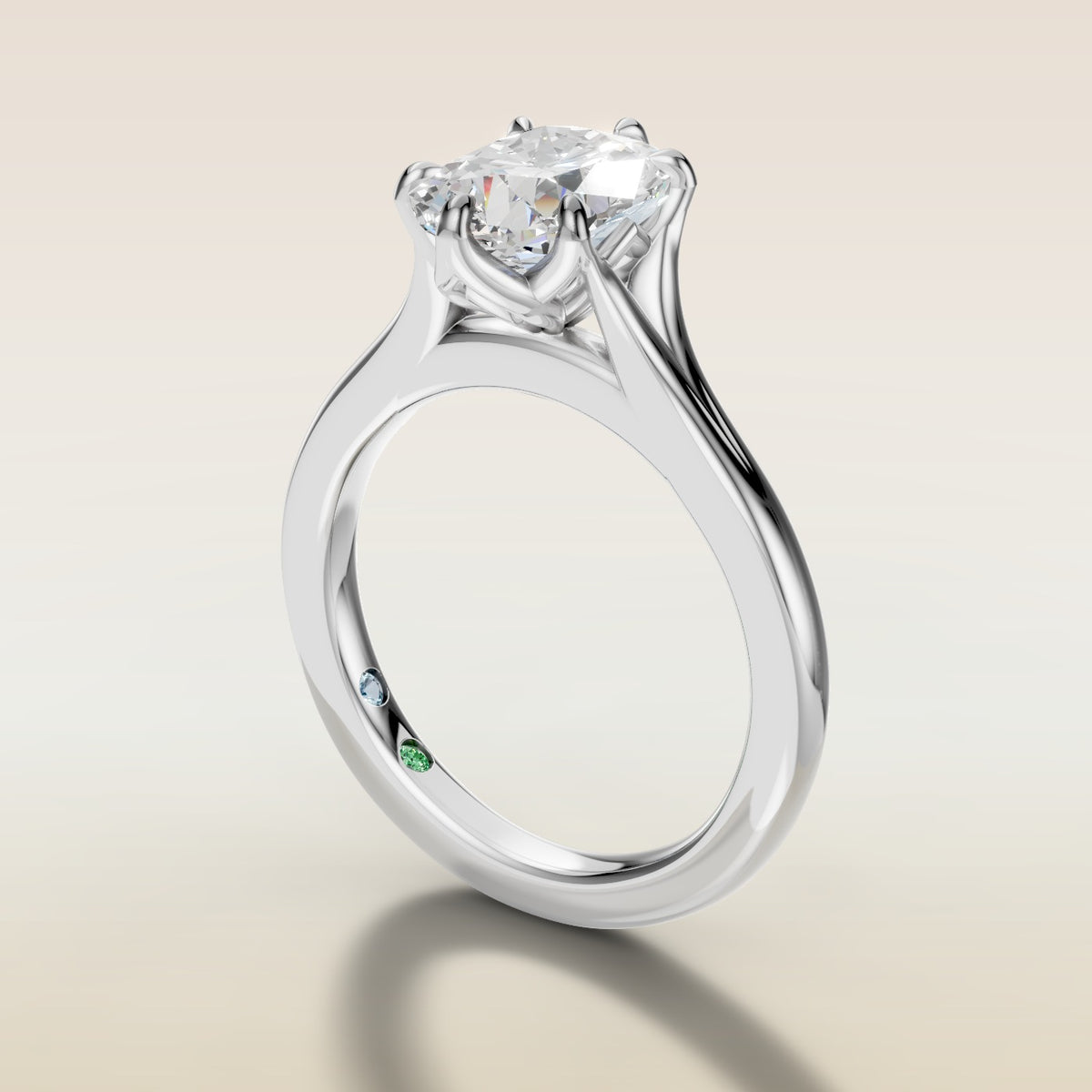 Cushion Tulip Six Petal Split Shank engagement ring in white gold, angled side view