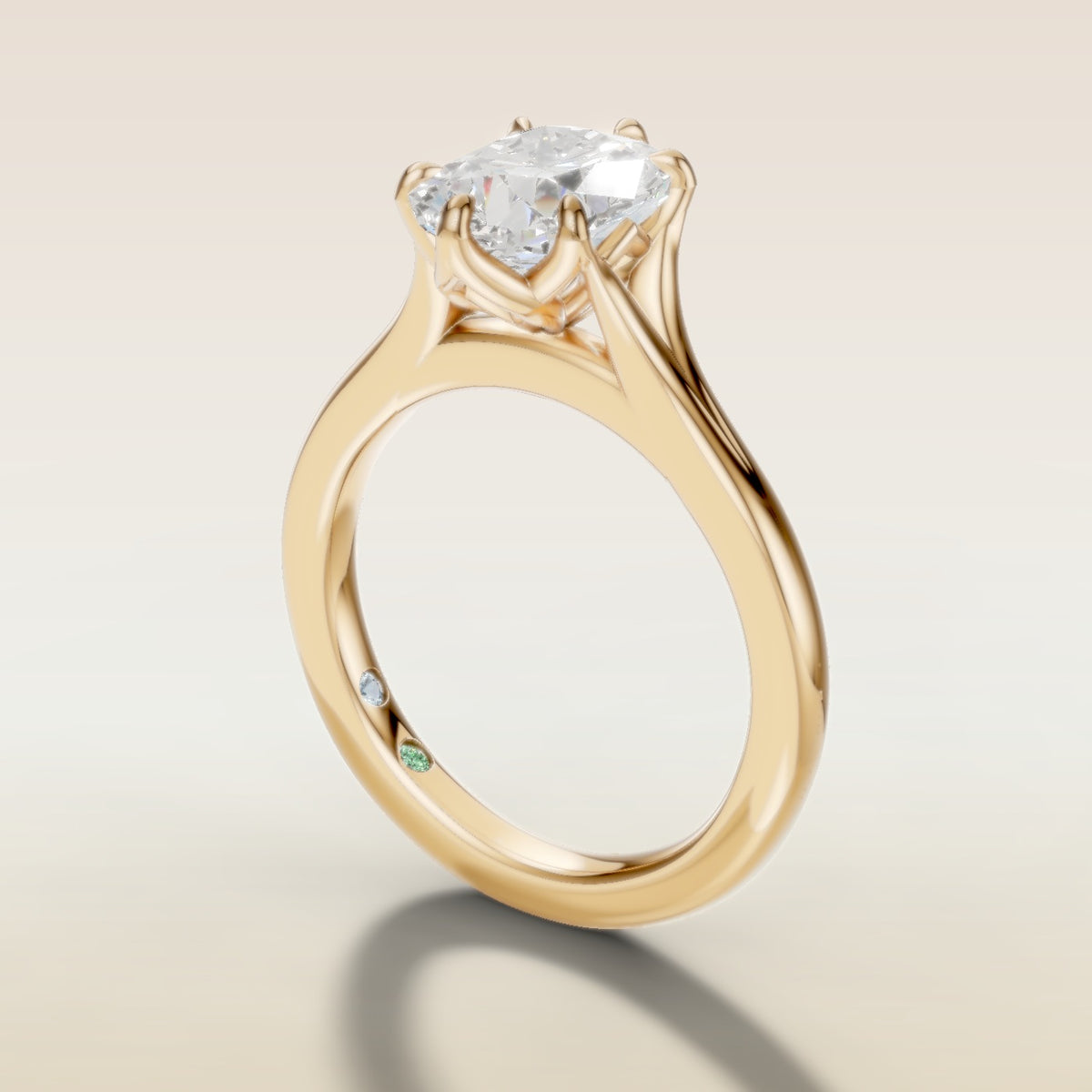 Cushion Tulip Six Petal Split Shank engagement ring in yellow gold, angled side view