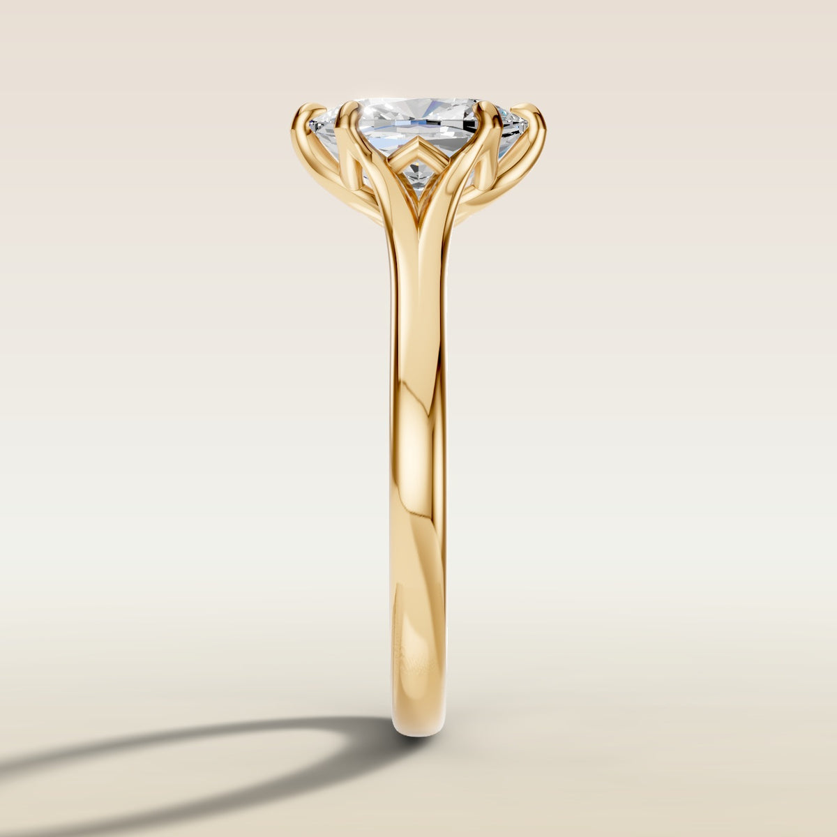Cushion Tulip Six Petal Split Shank engagement ring in yellow gold, side profile