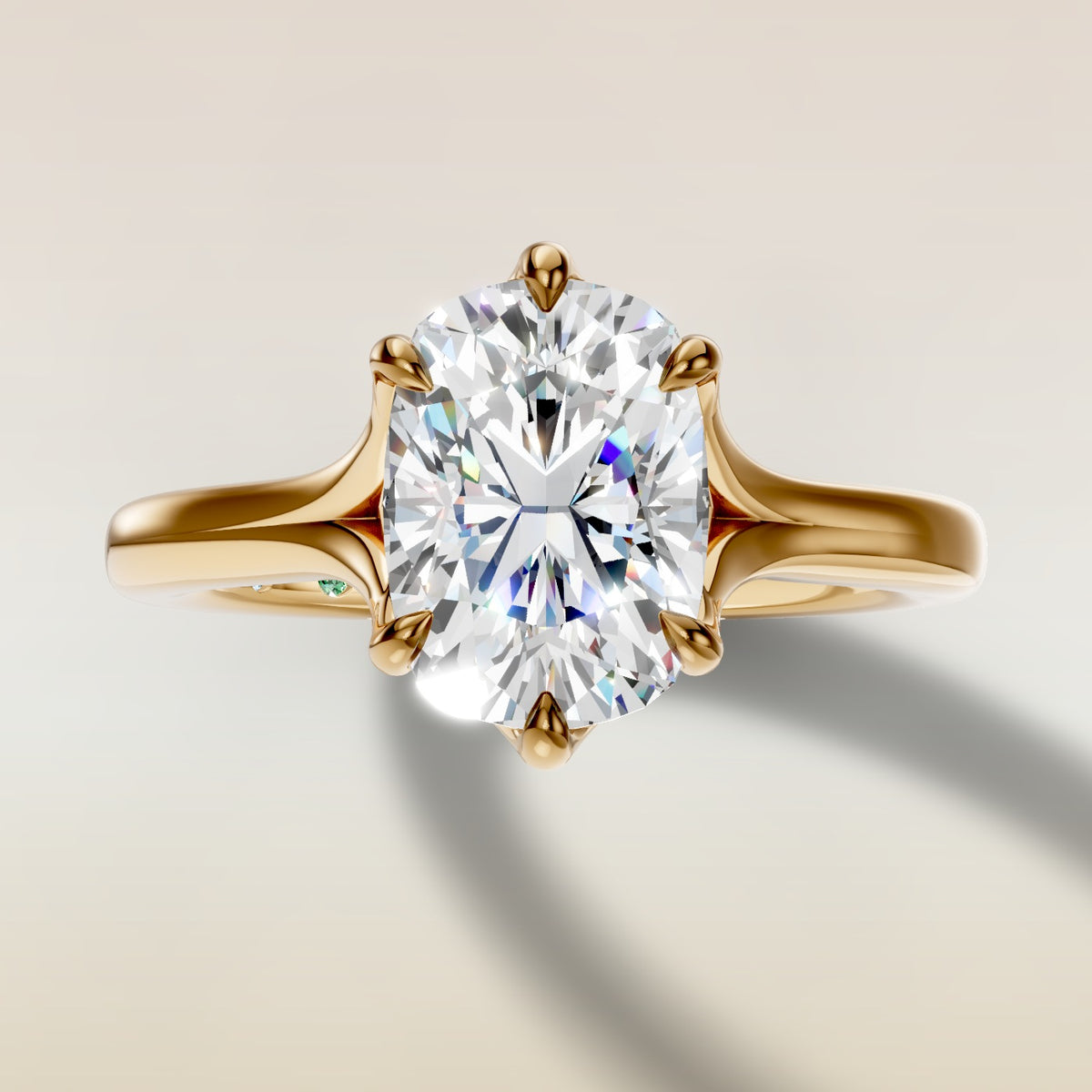 Cushion Tulip Six Petal Split Shank engagement ring in yellow gold, top view