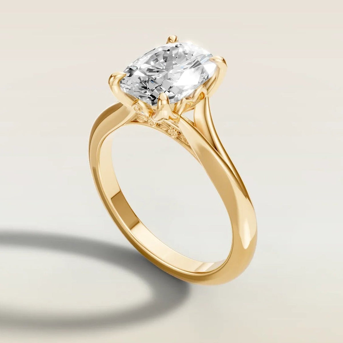Cushion Tulip with Diamond Petals engagement ring in yellow gold, angled side view