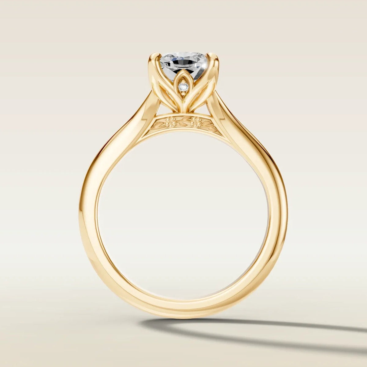Cushion Tulip with Diamond Petals engagement ring in yellow gold, front view