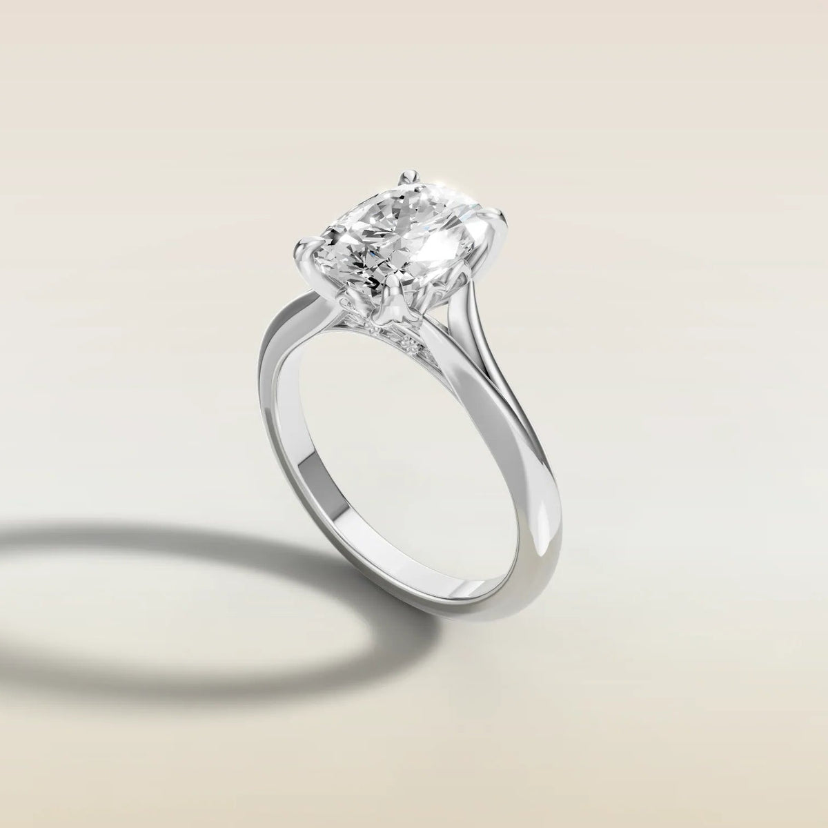 Cushion Tulip with Diamond Petals engagement ring in white gold, angled side view