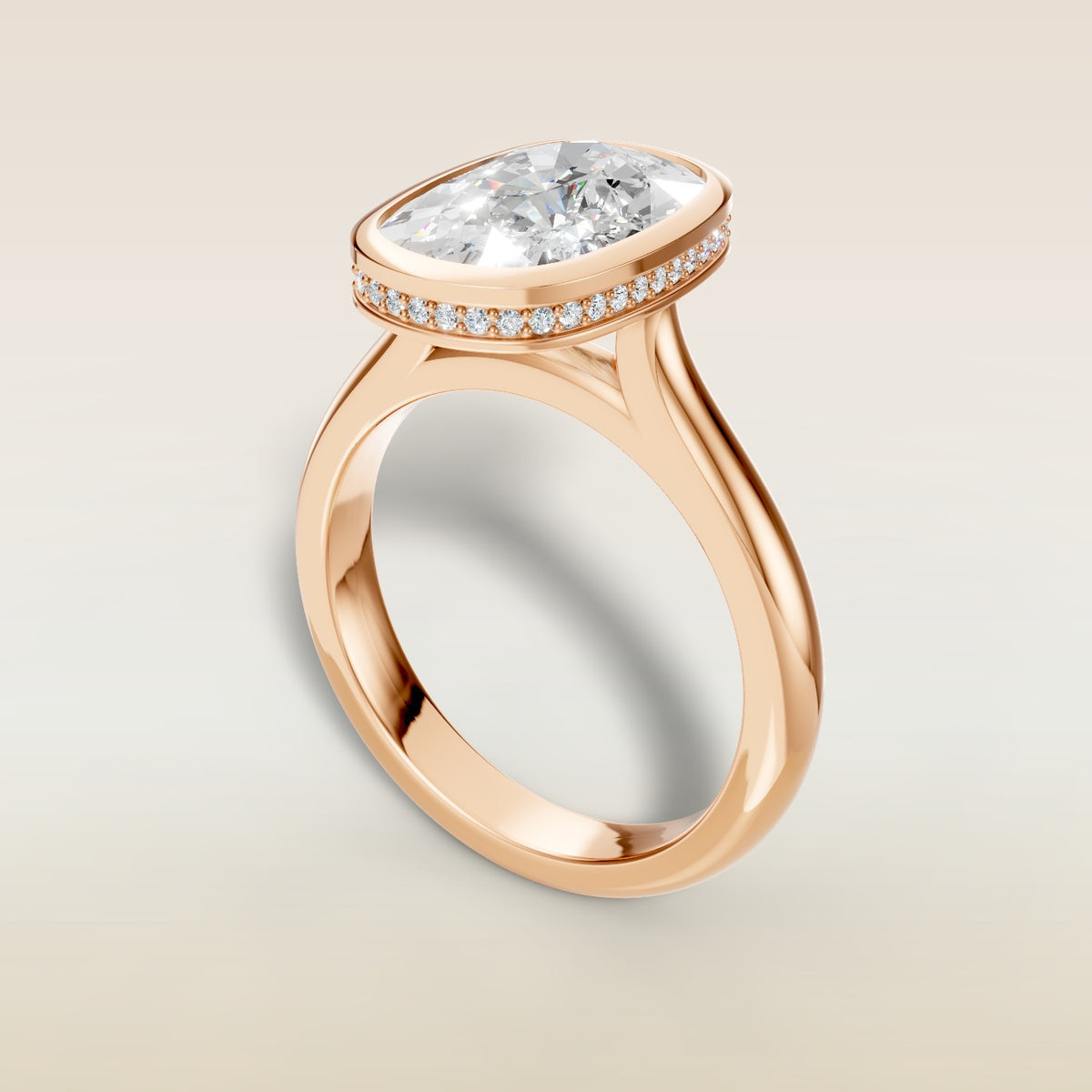 Cushion Full Bezel Hidden Halo engagement ring in rose gold, angled view