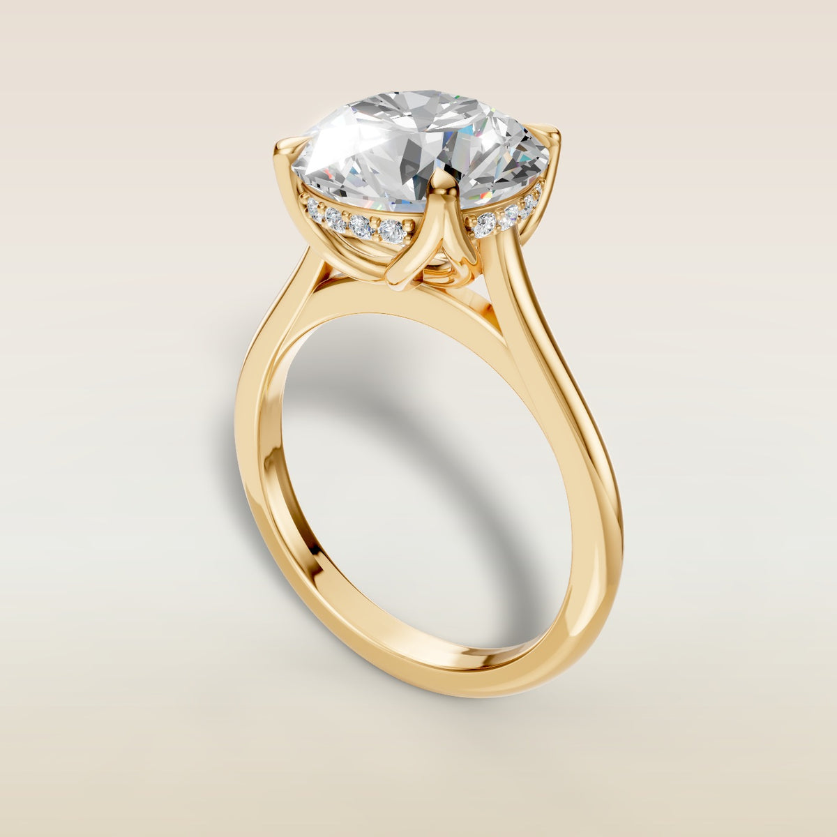 Round Tulip with Hidden Halo engagement ring in yellow gold, angled view
